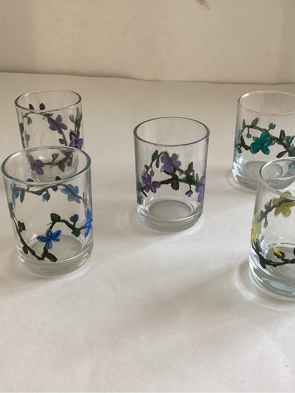 Hand Crafted Floral Painted Glass Tumbler Set - Blue, Purple, Teal, Yellow